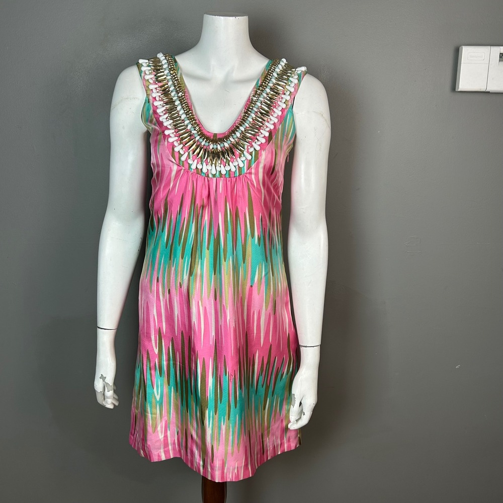 Milly Retro Mini Dress 4 Silk Coastal Miami Pastel Beaded Bib Neckline Tribal